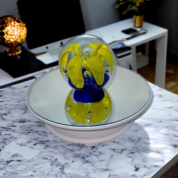 Unbranded Other - Vintage Round Art Glass Ball Paperweight Cobalt/Yellow Flower 3.5” tall